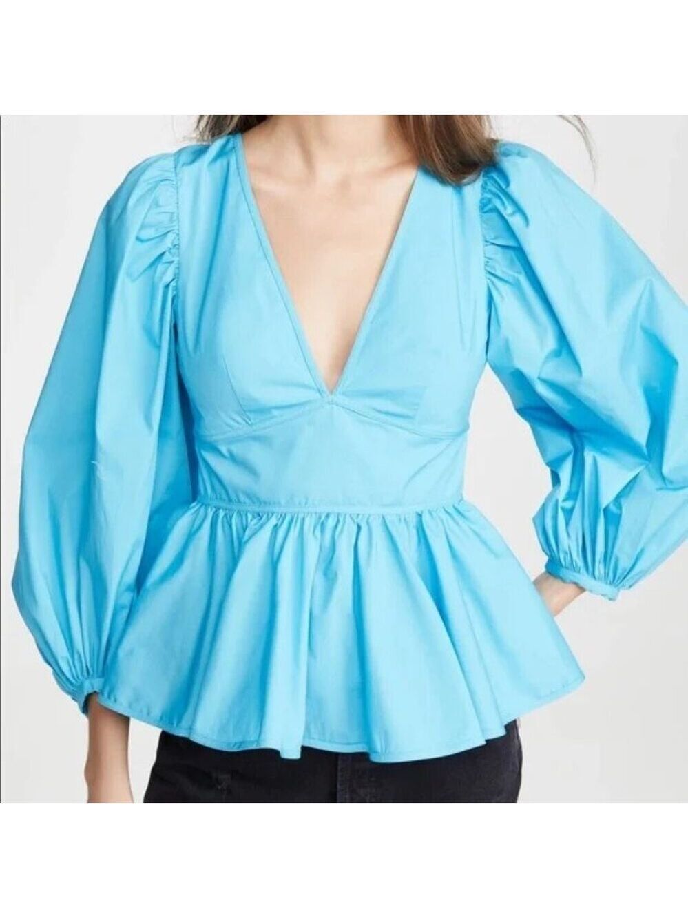 STAUD Women's Luna Top Vibrant Blue Blouse with Puff Sleeves Size 4 Deep V Neck